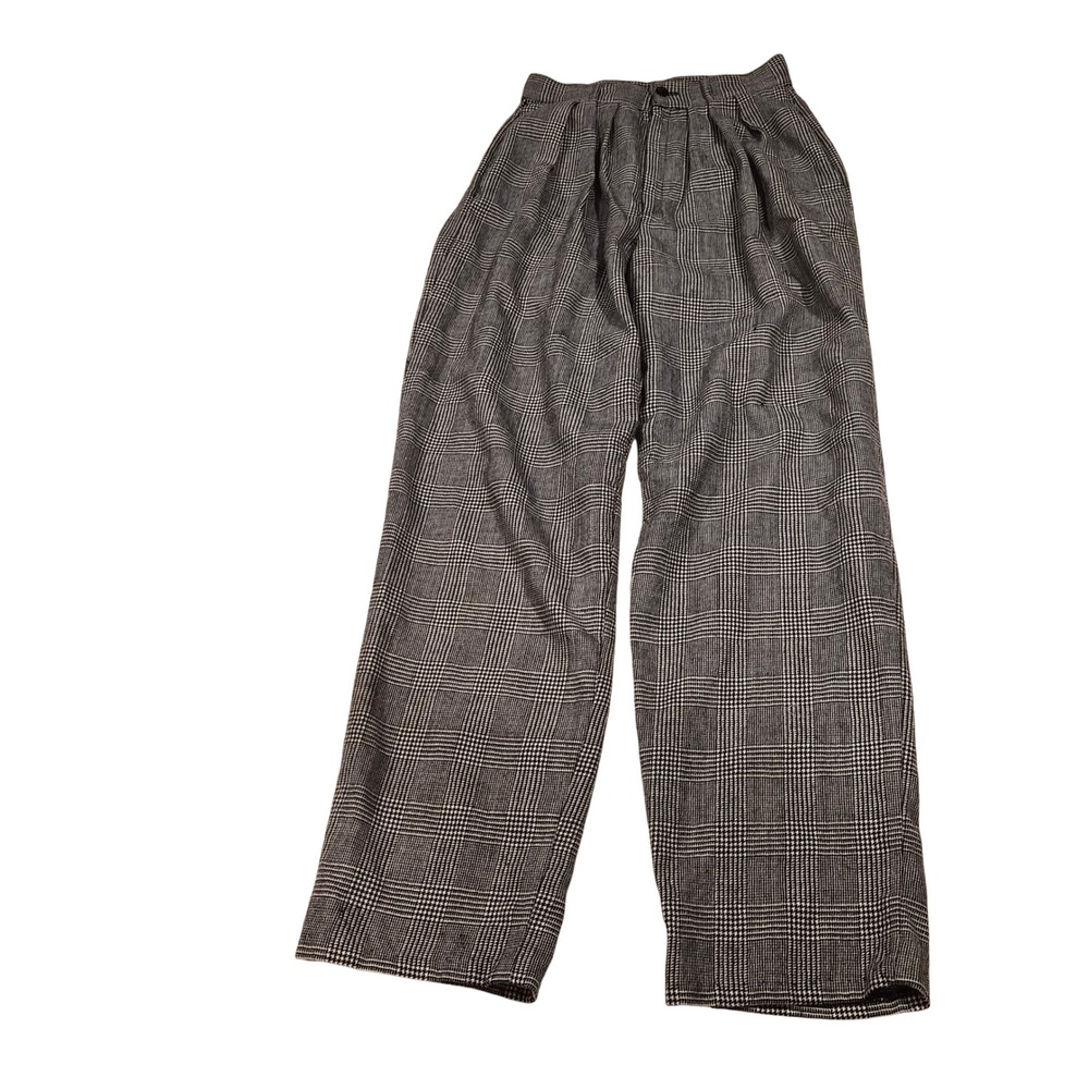 Vintage 100% Pure Wool Glen Plaid Pleated Wide Leg Trousers Made in USA Size 8